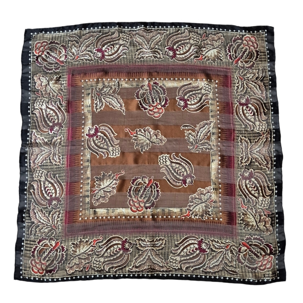 Vintage Bill Blass Silk Scarf Neutral Black Brown Cream Paisley Print